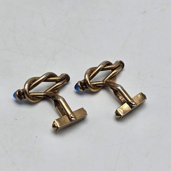 Vintage Swank Gold Tone Cufflinks With Blue Glass Cabochons - Picture 4 of 5